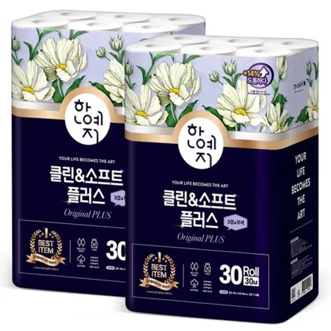 한예지 천연펄프 화장지 클린앤소프트 플러스 3겹 30M 30롤 2팩 (19,000원/무료)