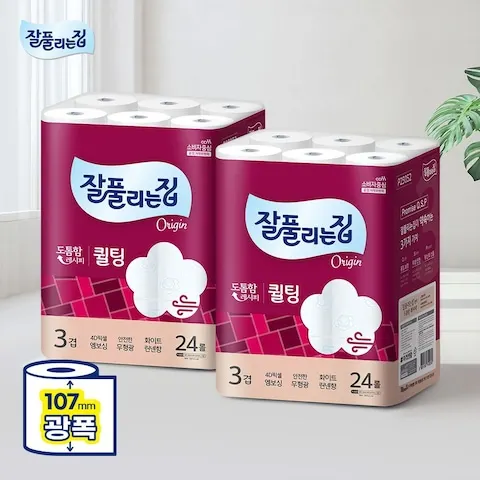 잘풀리는집 도톰한 3겹 퀼팅 광폭 화장지 30m x 24롤 x 2팩