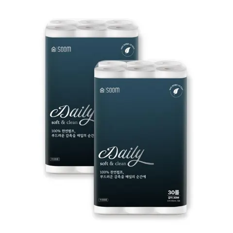 숨 데일리 화장지 천연펄프 3겹 30m 30롤 2팩 (15,990원/무료)
