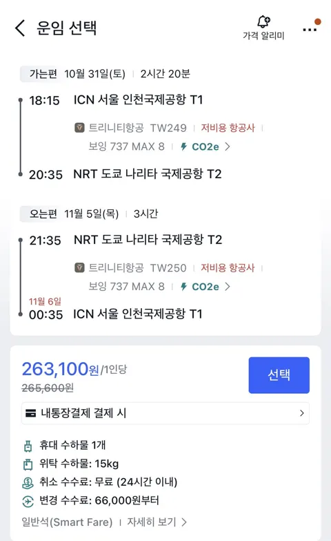 인천-나리타 항공권 5박 6일 (10.31~11.05)
