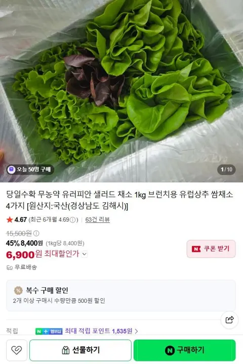 무농약 유러피안 샐러드 1kg 6,900원 (무료)