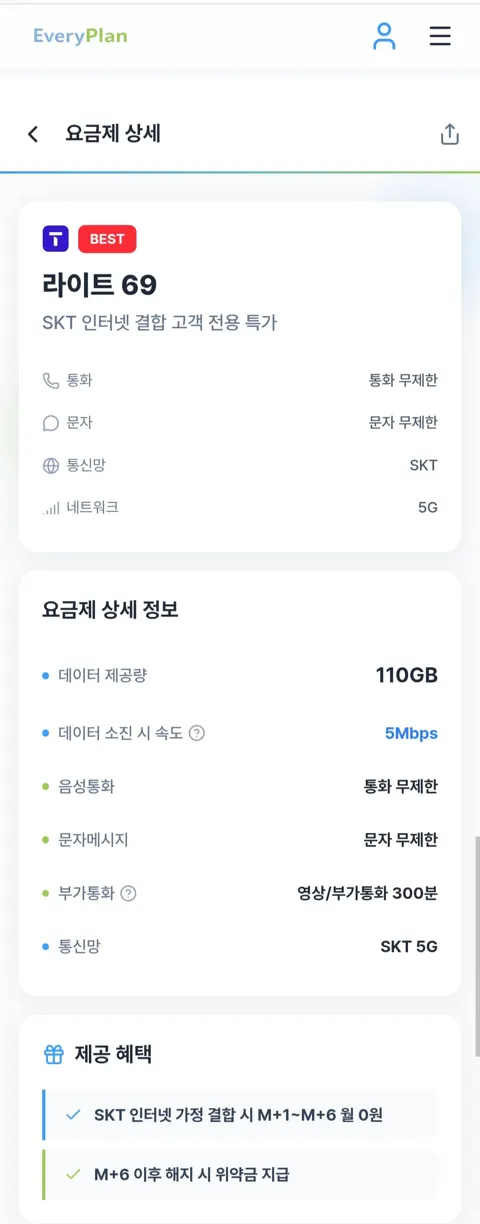알뜰요금제 SKT결합 150gb 6개월간 0원