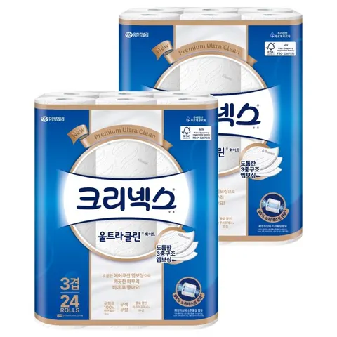 크리넥스 3겹 천연펄프 울트라클린 화이트, 25m, 24개입, 2개