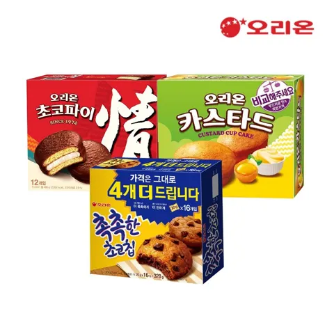 오리온 초코파이12P + 카스타드12P + 촉촉한초코칩16p (11,170원/무료)