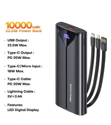 QOOVI 10000mah 22.5W 보조배터리 고속충전 내장케이블 ($9.39/무료)