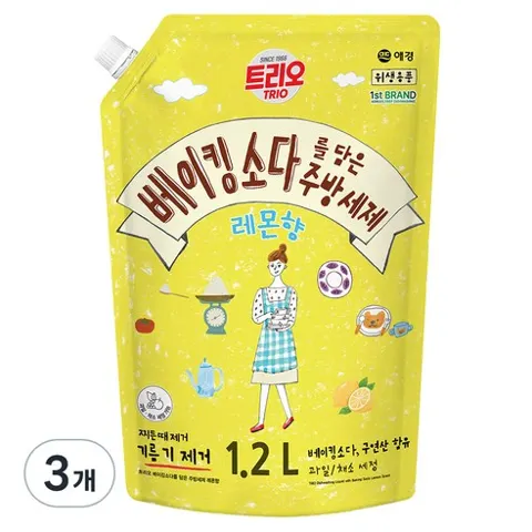 트리오 베이킹소다를 담은 주방세제 레몬향, 1.2L, 3개
