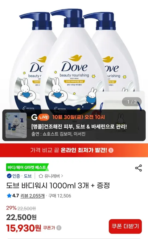 도브 바디워시 1000ml 3개 + 파우치 증정 (16,210원/무료)