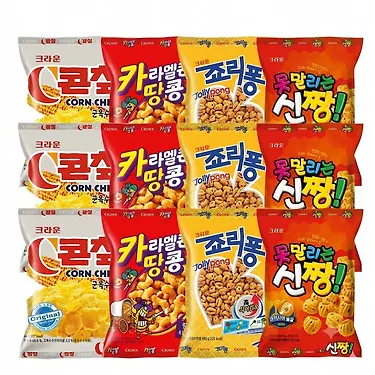 크라운 인기 스낵 모음 12팩 (콘칲3 + 신짱3 + 카땅3 + 죠리퐁3) 8,800원 무배