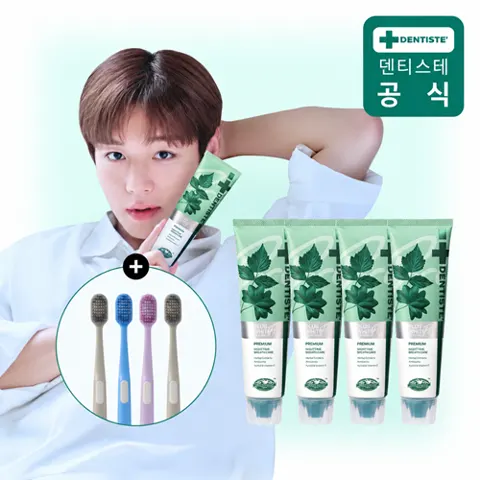 덴티스테 플러스화이트 프로 치약 100g 4개+칫솔 4개 (28,500원/무배)