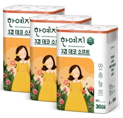 한예지 데코&소프트 천연펄프 3겹 화장지 30m 30롤 3팩(25,371원/무료)