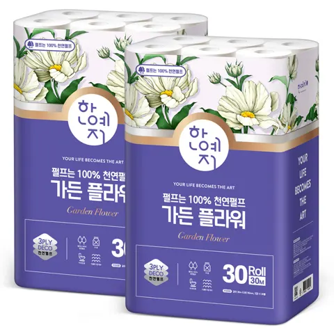 한예지 가든 플라워 3겹 천연펄프 화장지, 30m, 30롤, 2팩 (12,800원/무배)