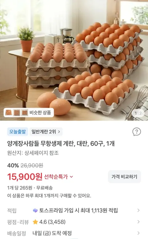 무항생제 계란, 대란, 60구(15900원/무배)