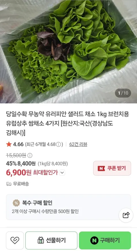 당일수확 무농약 유러피안 샐러드 1kg (6,900원/무료)