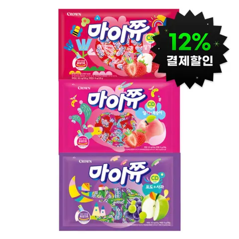 크라운 마이쮸 720g 2개 골라담기 (딸기+핑크리치/포도+사과/딸기+복숭아)