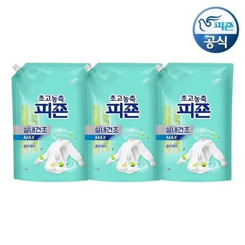 피죤 초고농축 실내건조 섬유유연제 클린데이 1.6L 리필 3개
