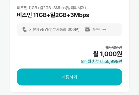 비즈인 11GB+일2GB+3Mbps (밀리의서재) - KT망 1000원 외 100GB (월1,000원 7개월간/무료)