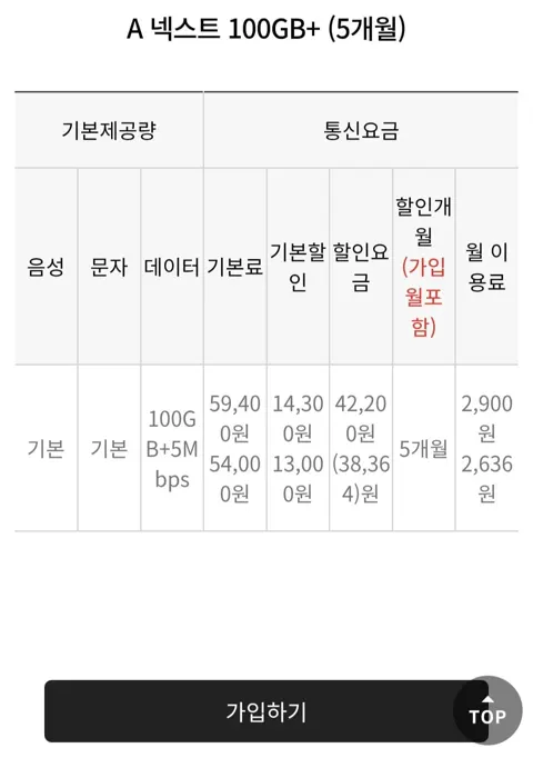 skt망 100GB+5Mbps (월2,900원/5개월)