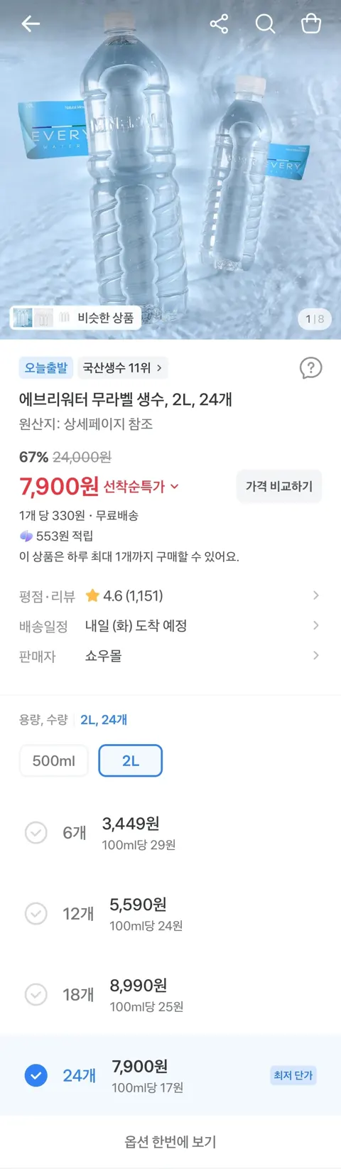 에브리워터 무라벨 생수, 2L, 24개 7,900원 (무료)