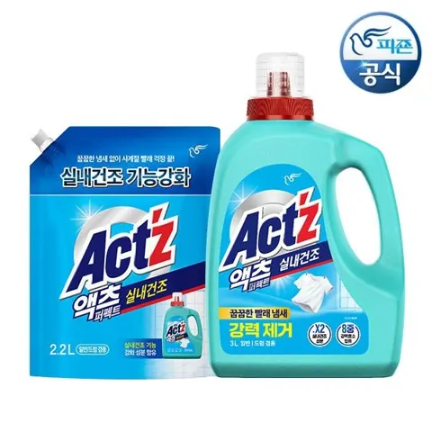 액츠 세탁세제 퍼펙트 실내건조(일반/드럼겸용) 3L 용기 x 1개+2.2L 리필 x 1개