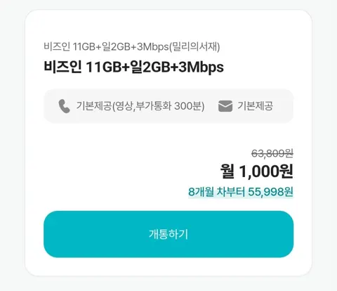 비즈인 11GB+일2GB+3Mbps (밀리의서재) - KT망 1000원 외 100GB