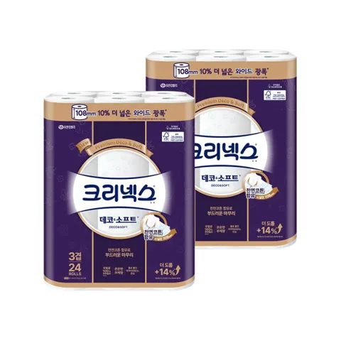 (108mm) 크리넥스 3겹 데코앤소프트 와이드 33MX24롤 2팩 두루마리 화장지 휴지 28,900원