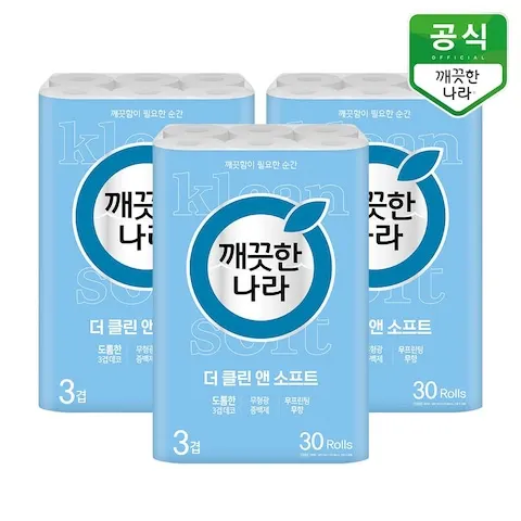 깨끗한나라 더 클린앤소프트 화장지 30m 30롤 3팩 (36,900원/무료)
