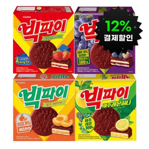 크라운제과 빅파이 324g 4개 골라담기 (딸기/제주레몬허니/살구/영동포도)