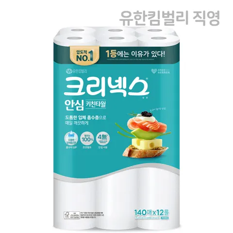 크리넥스 안심 클래식 키친타월 140매 12롤, 1팩