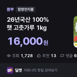 26년국산 100% 햇 고춧가루 1kg (16,000원/무