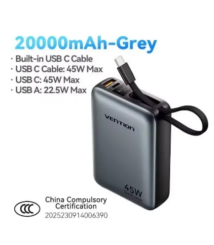 벤션 CCC 45W 20000mAh 휴대용 보조배터리($11.67/무료)