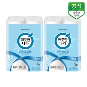 깨끗한나라 순수 소프트 3겹 화장지 27m 12롤 x2팩(12,500원/무료)