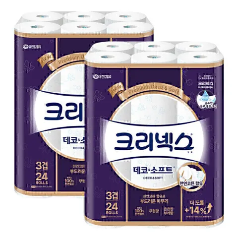 크리넥스 데코소프트 28m 24롤 2팩 + 마이비데 30매 2팩 증정 삼/롯/비씨 할인